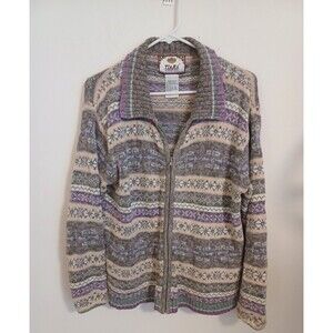 Tiara International Striped Nordic Fair Isle Full Zip Cardigan M Purple Gray Y2K